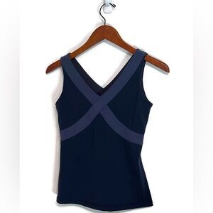 Lululemon wrap tank in blue top with built in bra, size 6-8.